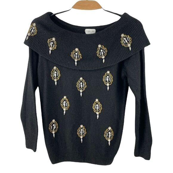 VINTAGE Victoria Jones Silk Angora Wool Blend Pearl Embellished Sweater Size S - Picture 2 of 6